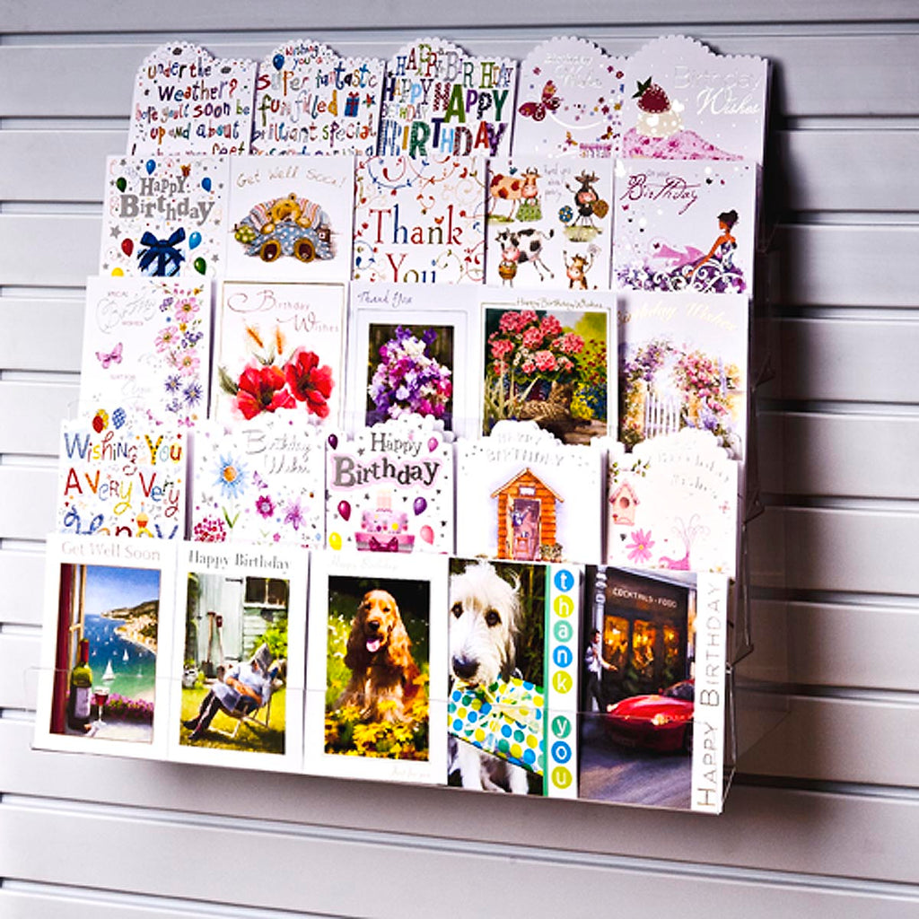 Image displaying 5 tier 60cm greeting card rack installed on white slatwall. 