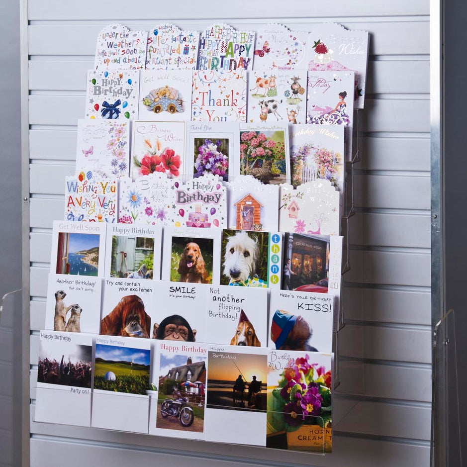 Image displaying 7 tier 60cm greeting card rack on white slatwall. 