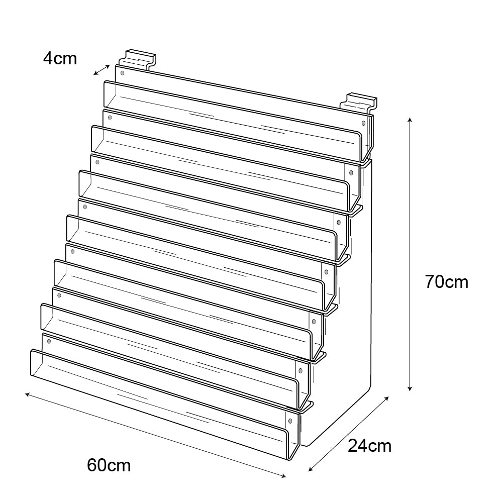 Technical drawing, front view of 7 tier 60cm greeting card rack slatwall.