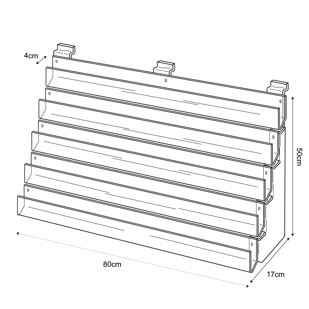 Technical drawing, front view of 5 tier 80cm greeting card rack slatwall.