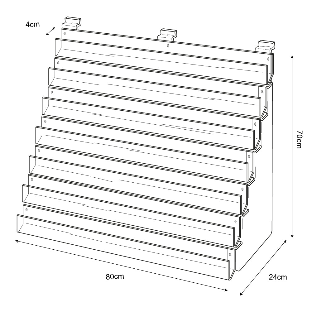 Technical drawing, front view of 7 tier 80cm greeting card rack slatwall.