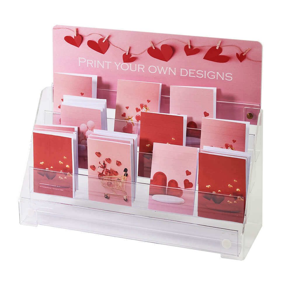 Image displaying 4 tier mini greeting card display with printer header.