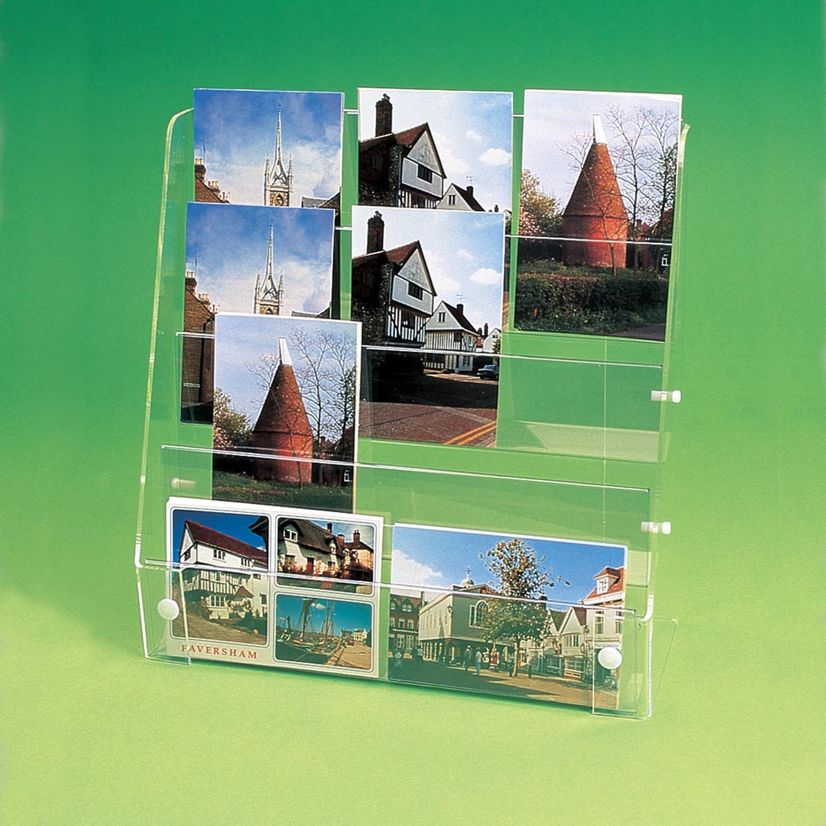 Image displaying 4 tier postcard display on a counter.