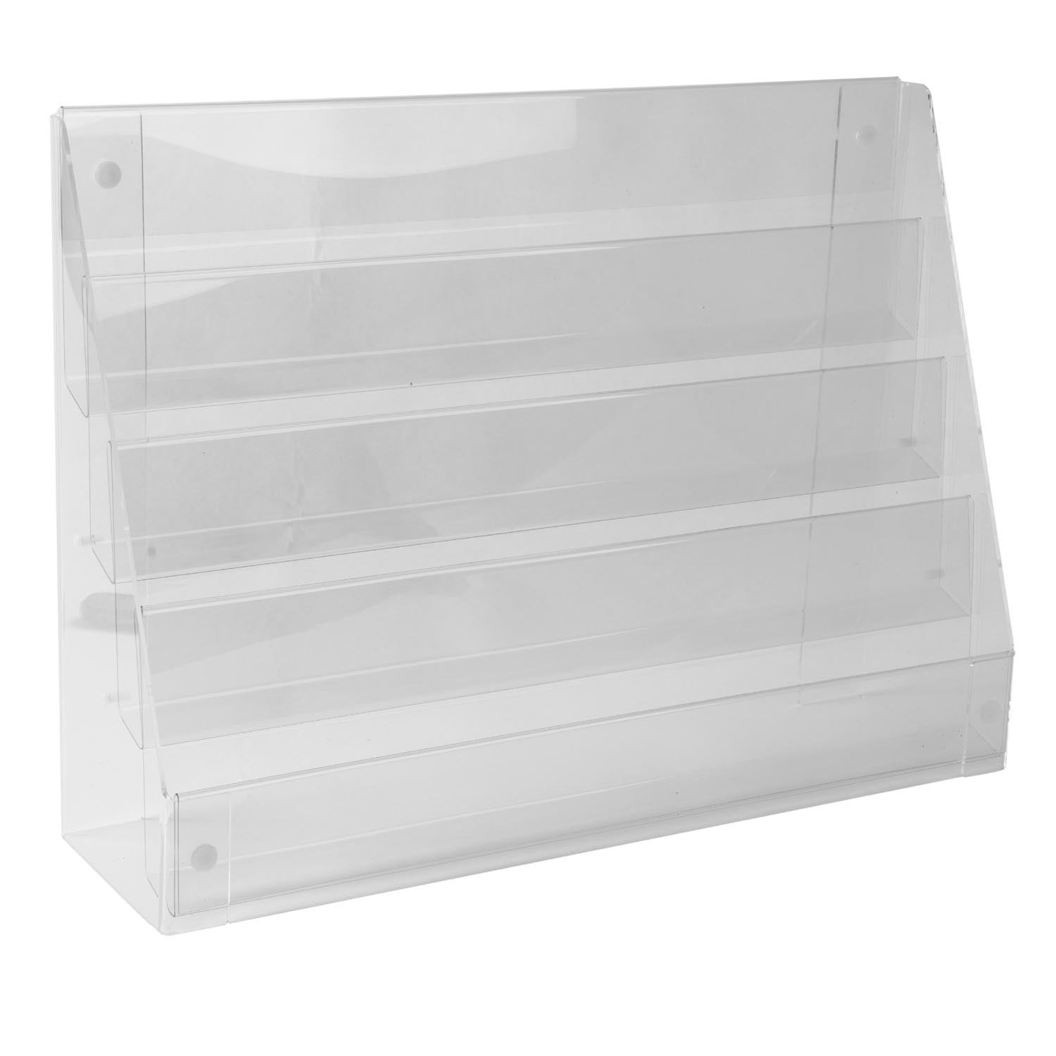 Image displaying empty 4 tier greeting card display on a counter.