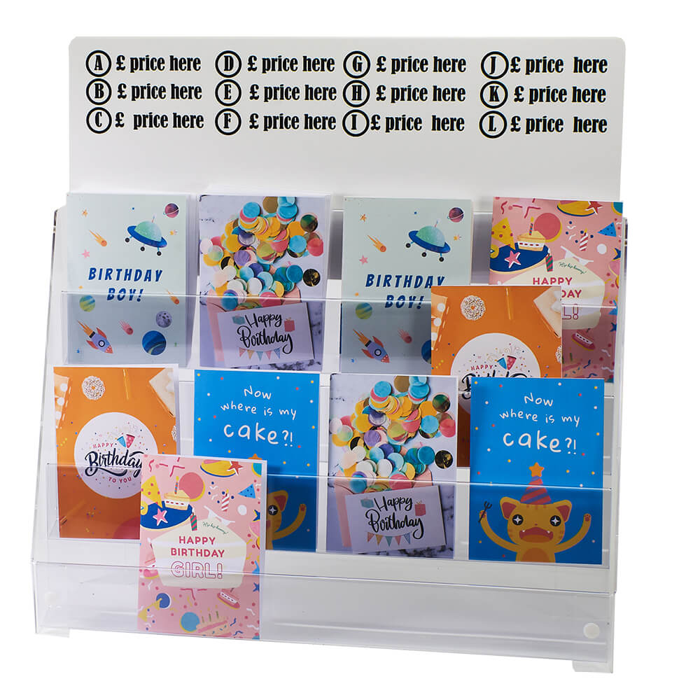 Image displaying 4 tier greeting card display with printer header.