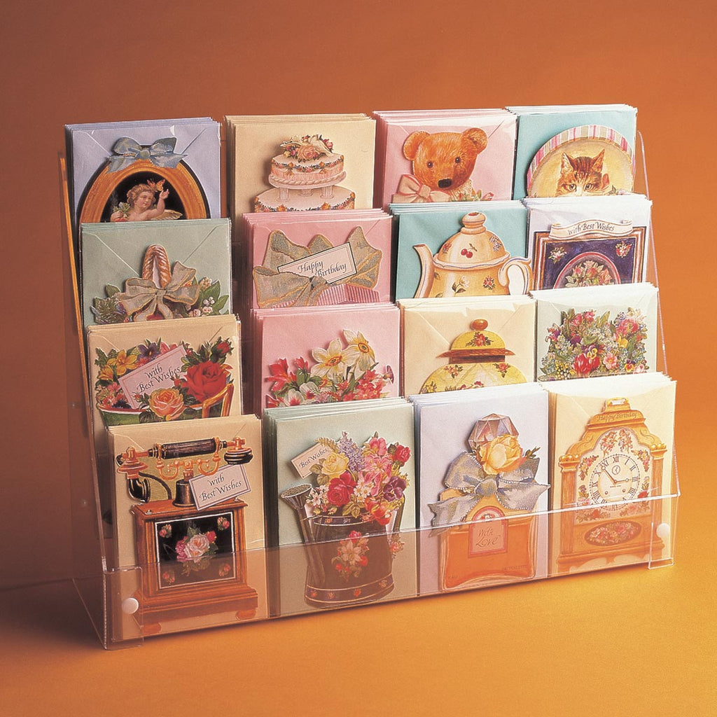 Image displaying 4 tier greeting card display on a counter.