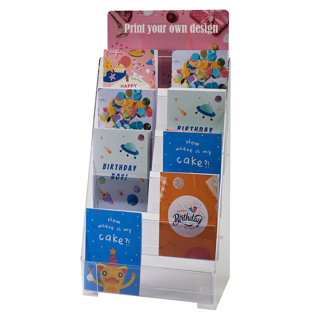 Image displaying 5 tier greeting card display with printer header.